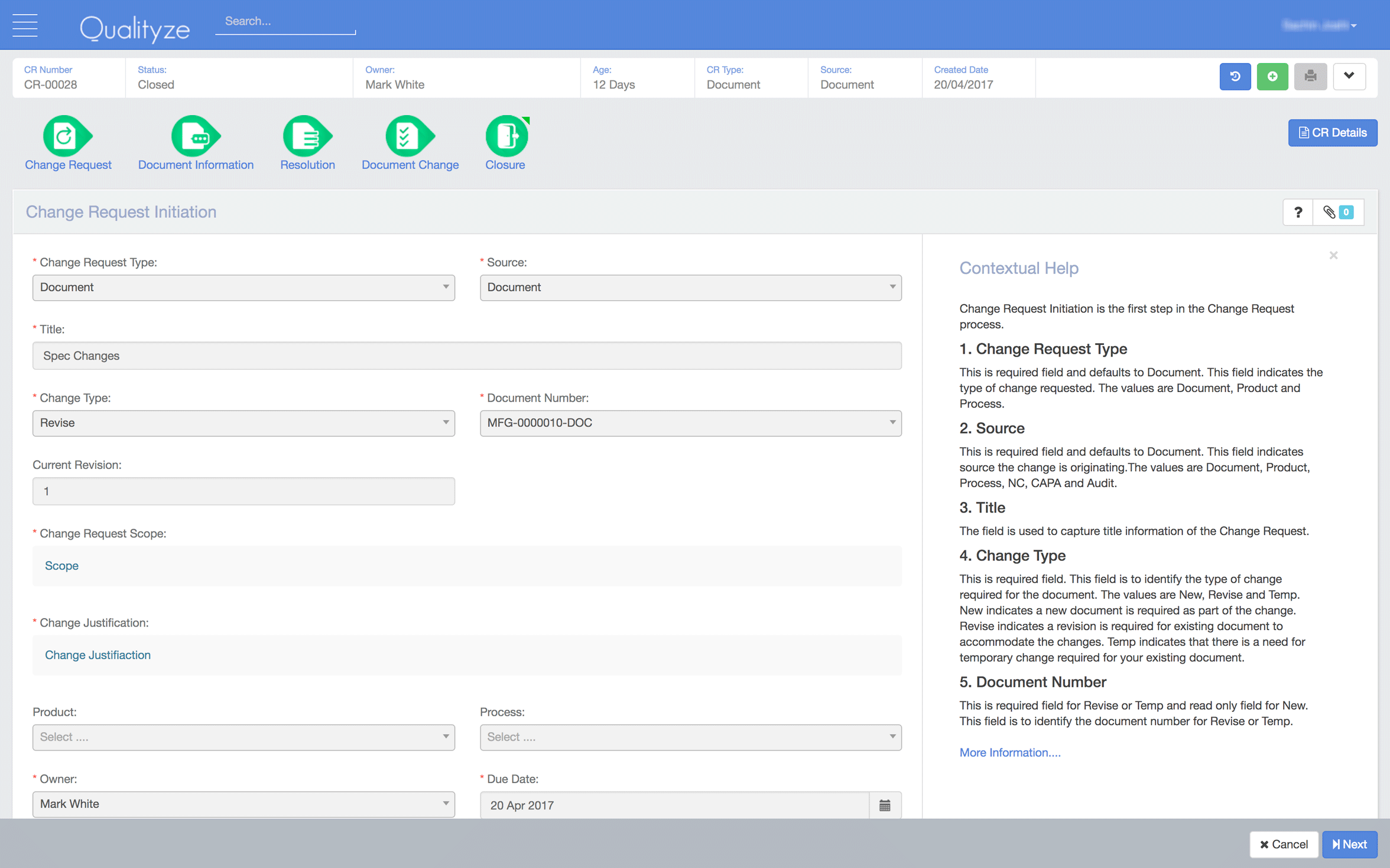 screenshot of Qualityze Change Management